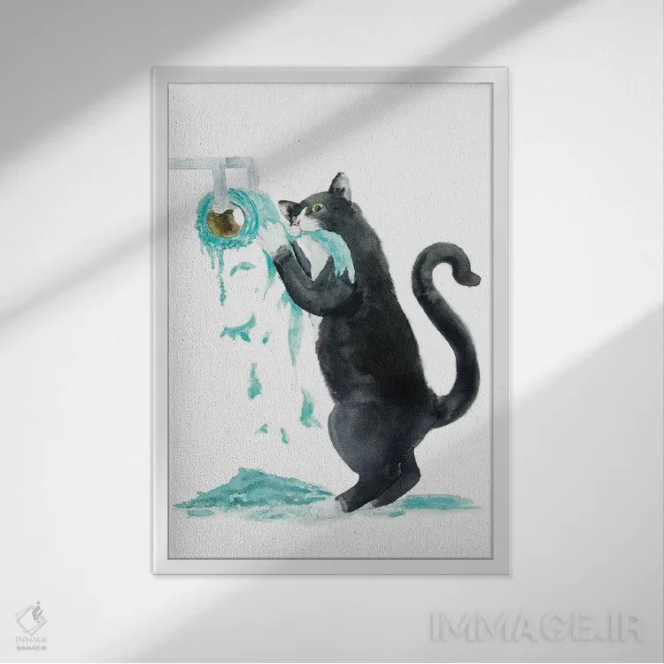 تابلو گربهٔ تاکسیدو و دستمال توالت اثر آلکسی دیمیتریویچ شمیروف - نمای قابدار سفید
