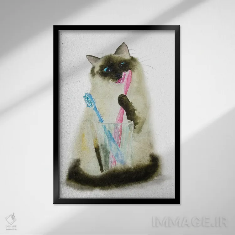 تابلو گربهٔ سیامی رگدال و مسواکها اثر آلکسی دیمیتریویچ شمیروف - نمای قابدار مشکی