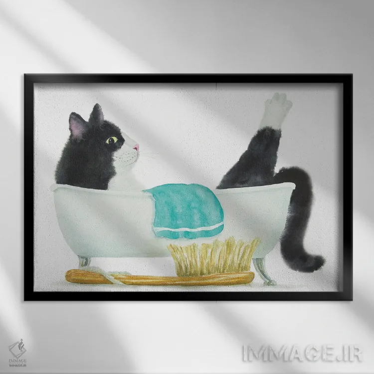 تابلو گربهٔ تاکسیدو در وان اثر آلکسی دیمیتریویچ شمیروف - نمای قابدار مشکی