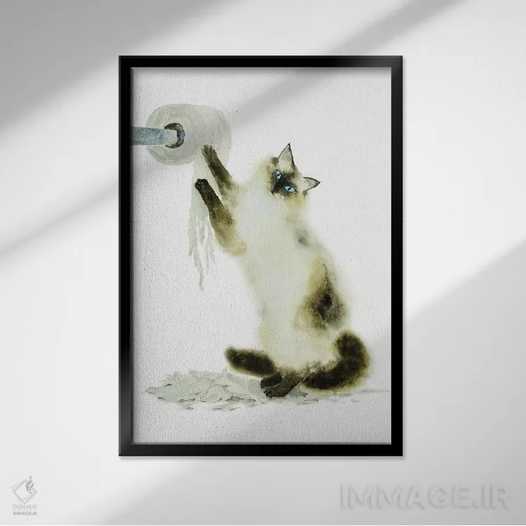 تابلو گربهٔ سیامی رگدال و دستمال توالت اثر آلکسی دیمیتریویچ شمیروف - نمای قابدار مشکی