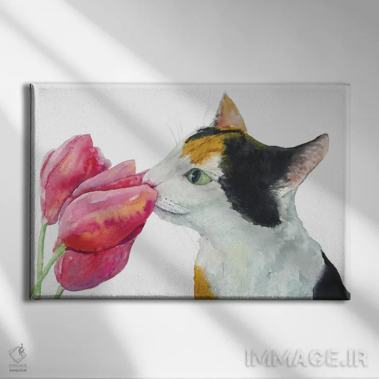 تابلو گربهٔ کالیکو و لالهها اثر آلکسی دیمیتریویچ شمیروف - نمای روبهرو روی دیوار