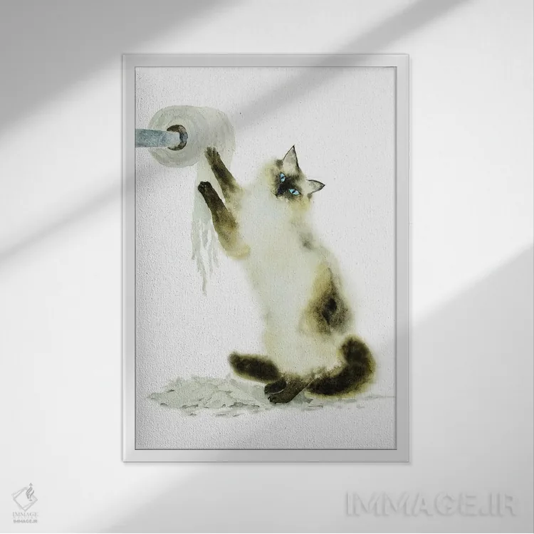 تابلو گربهٔ سیامی رگدال و دستمال توالت اثر آلکسی دیمیتریویچ شمیروف - نمای قابدار سفید