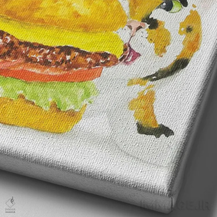 تابلو گربهٔ کالیکو و برگر اثر آلکسی دیمیتریویچ شمیروف - نمای نزدیک بافت بوم