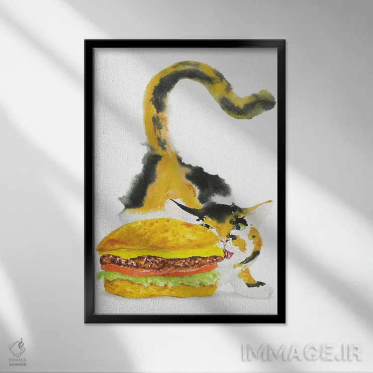 تابلو گربهٔ کالیکو و برگر اثر آلکسی دیمیتریویچ شمیروف - نمای قابدار مشکی