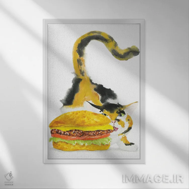 تابلو گربهٔ کالیکو و برگر اثر آلکسی دیمیتریویچ شمیروف - نمای قابدار سفید