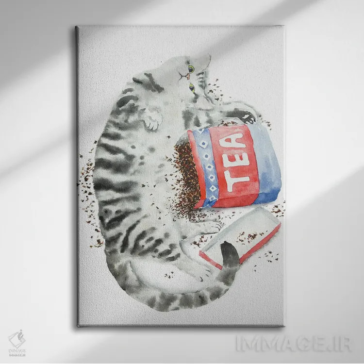 تابلو گربهٔ راهراه خاکستری و چای اثر آلکسی دیمیتریویچ شمیروف - نمای روبهرو روی دیوار