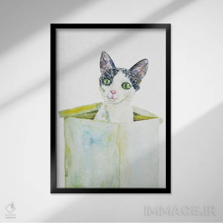 تابلو گربهٔ بامزه در جعبه اثر آلکسی دیمیتریویچ شمیروف - نمای قابدار مشکی