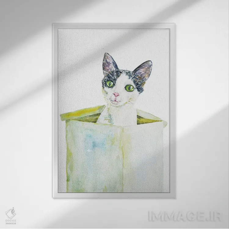 تابلو گربهٔ بامزه در جعبه اثر آلکسی دیمیتریویچ شمیروف - نمای قابدار سفید
