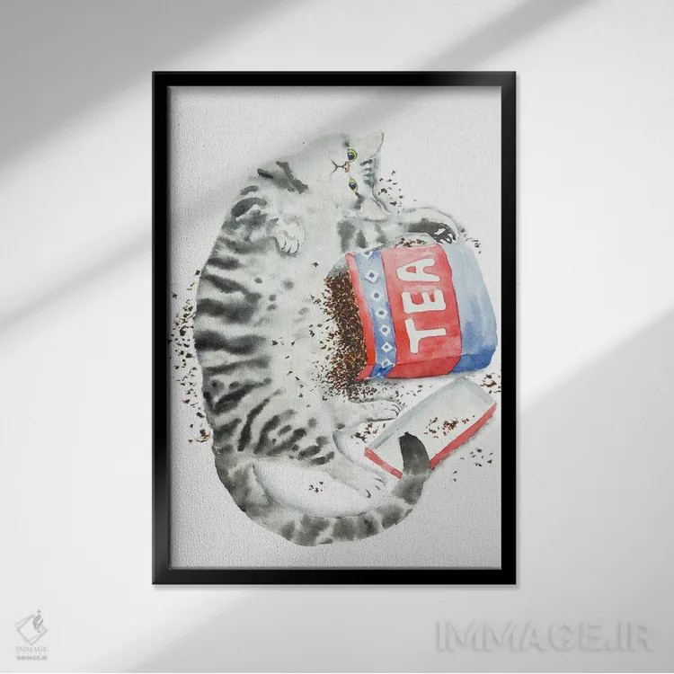 تابلو گربهٔ راهراه خاکستری و چای اثر آلکسی دیمیتریویچ شمیروف - نمای قابدار مشکی