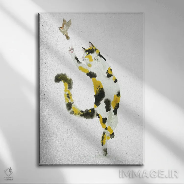 تابلو گربهٔ کالیکو شکارچی پرنده اثر آلکسی دیمیتریویچ شمیروف - نمای روبهرو روی دیوار