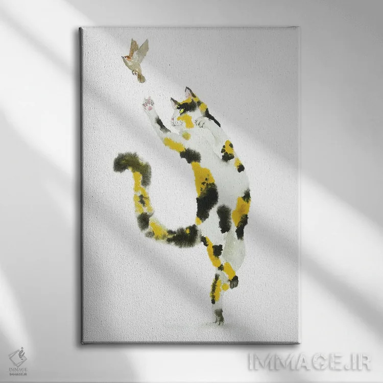 تابلو گربهٔ کالیکو شکارچی پرنده اثر آلکسی دیمیتریویچ شمیروف - نمای روبهرو روی دیوار