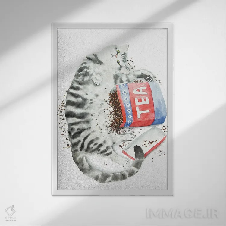تابلو گربهٔ راهراه خاکستری و چای اثر آلکسی دیمیتریویچ شمیروف - نمای قابدار سفید