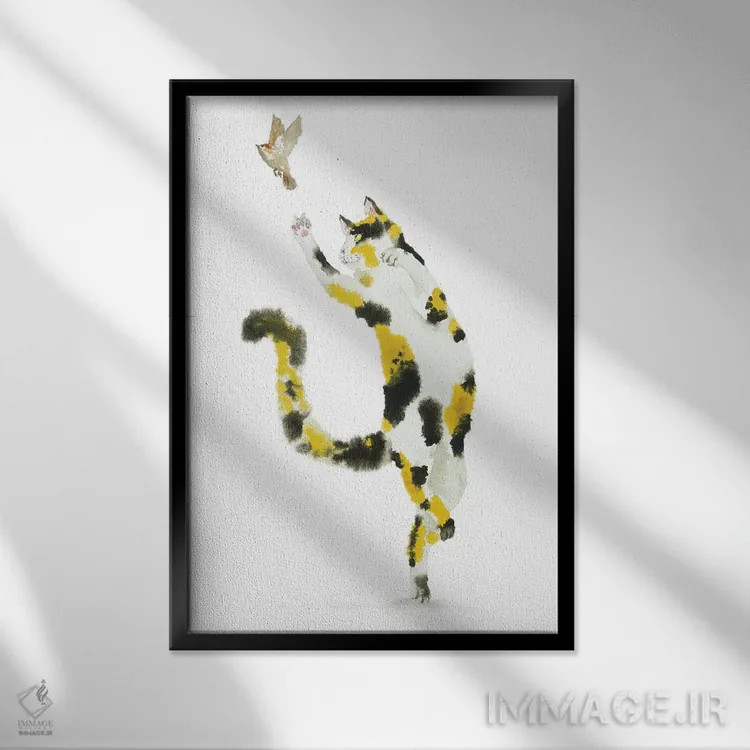 تابلو گربهٔ کالیکو شکارچی پرنده اثر آلکسی دیمیتریویچ شمیروف - نمای قابدار مشکی