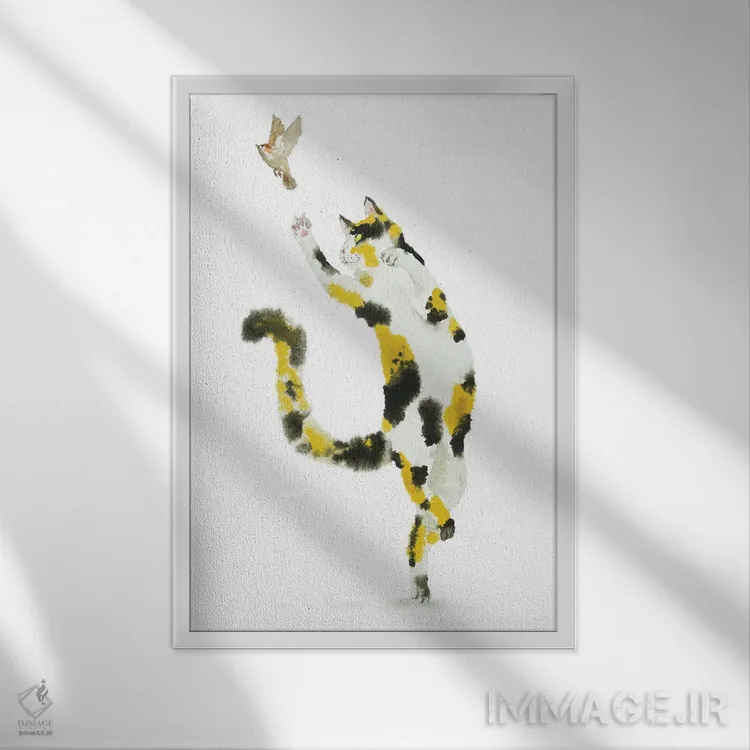 تابلو گربهٔ کالیکو شکارچی پرنده اثر آلکسی دیمیتریویچ شمیروف - نمای قابدار سفید