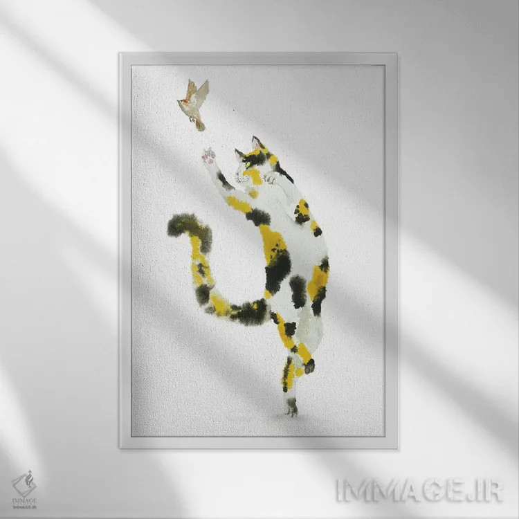 تابلو گربهٔ کالیکو شکارچی پرنده اثر آلکسی دیمیتریویچ شمیروف - نمای قابدار سفید