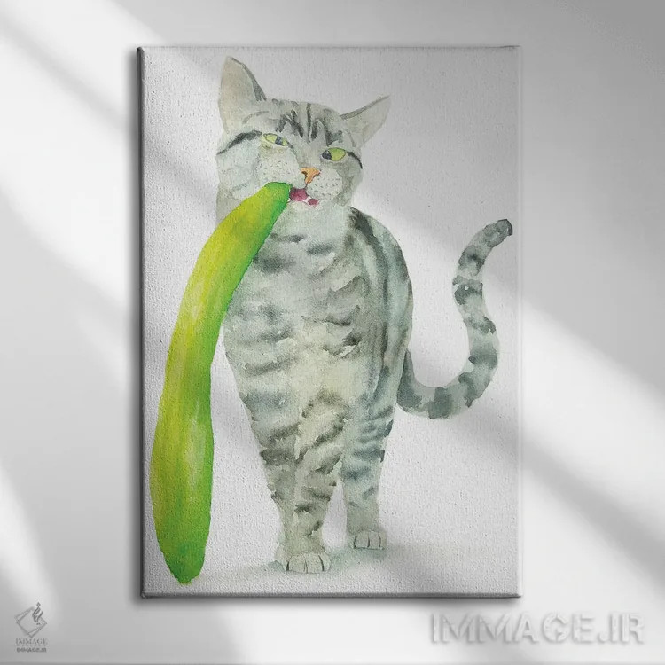 تابلو گربهٔ راهراه و خیار اثر آلکسی دیمیتریویچ شمیروف - نمای روبهرو روی دیوار