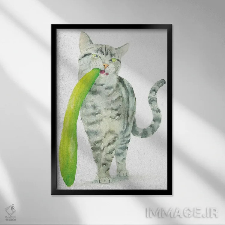 تابلو گربهٔ راهراه و خیار اثر آلکسی دیمیتریویچ شمیروف - نمای قابدار مشکی