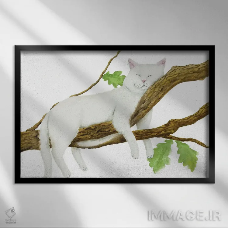 تابلو گربهٔ سفید خوابیده اثر آلکسی دیمیتریویچ شمیروف - نمای قابدار مشکی