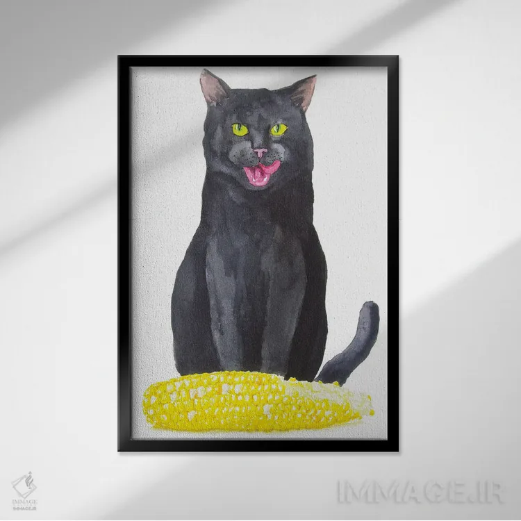 تابلو گربهٔ سیاه و ذرت اثر آلکسی دیمیتریویچ شمیروف - نمای قابدار مشکی