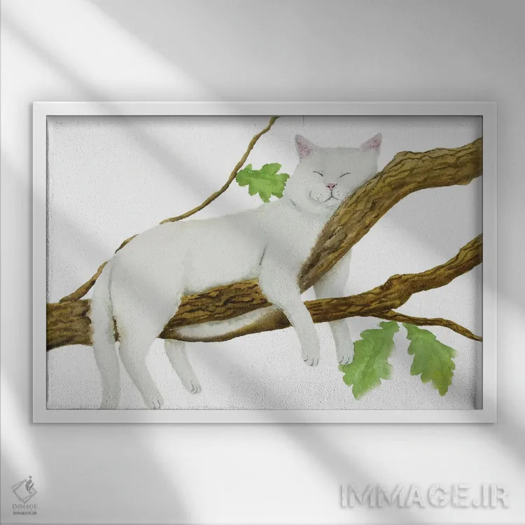 تابلو گربهٔ سفید خوابیده اثر آلکسی دیمیتریویچ شمیروف - نمای قابدار سفید