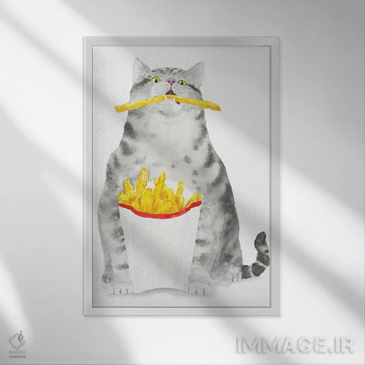 تابلو گربهٔ راهراه و سیبزمینی سرخکرده اثر آلکسی دیمیتریویچ شمیروف - نمای قابدار سفید