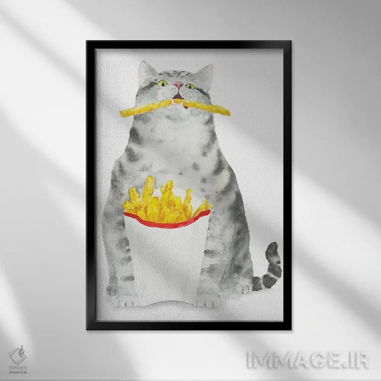 تابلو گربهٔ راهراه و سیبزمینی سرخکرده اثر آلکسی دیمیتریویچ شمیروف - نمای قابدار مشکی