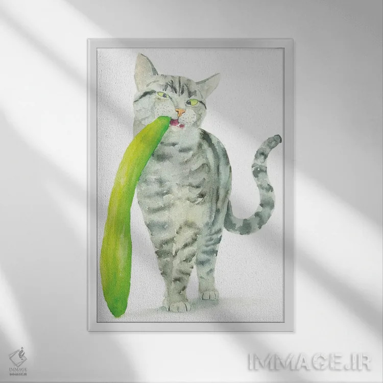 تابلو گربهٔ راهراه و خیار اثر آلکسی دیمیتریویچ شمیروف - نمای قابدار سفید
