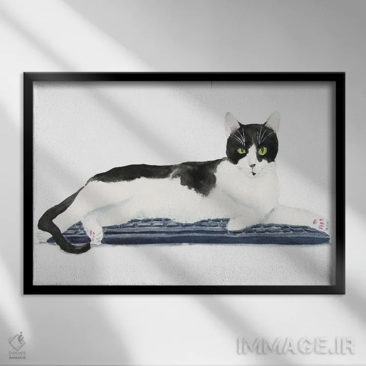 تابلو گربهی تاکسیدو روی کیبورد اثر آلکسی دیمیتریویچ شمیروف - نمای قابدار مشکی