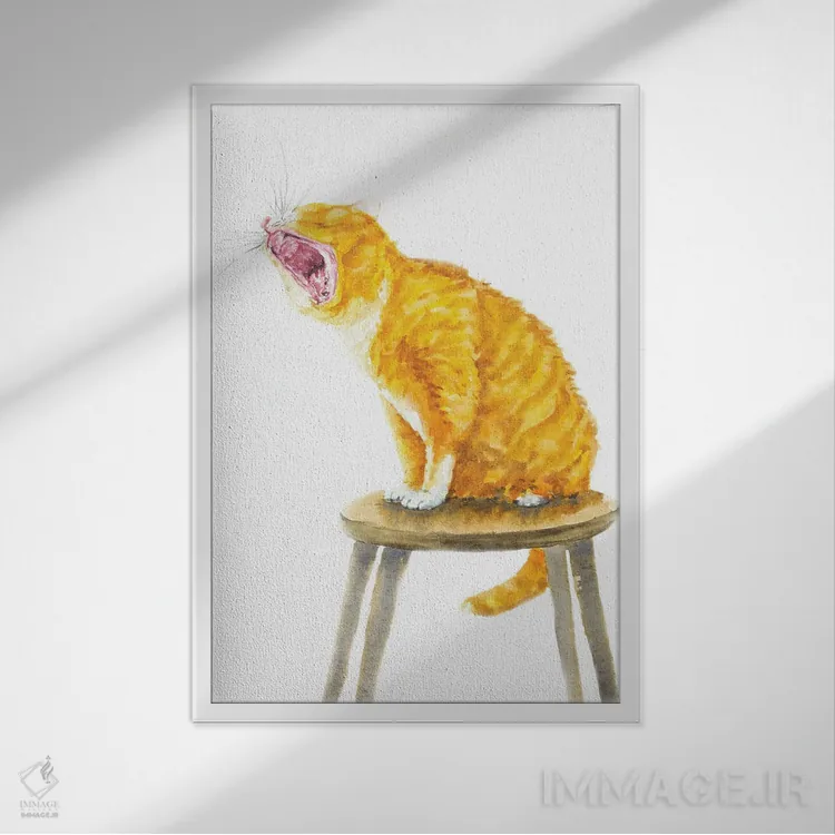 تابلو گربهی نارنجی در حال خمیازه اثر آلکسی دیمیتریویچ شمیروف - نمای قابدار سفید