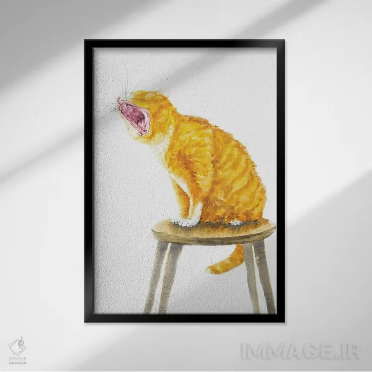 تابلو گربهی نارنجی در حال خمیازه اثر آلکسی دیمیتریویچ شمیروف - نمای قابدار مشکی