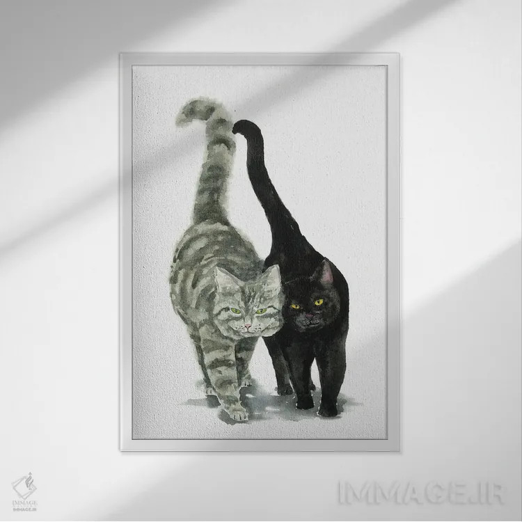 تابلو گربهی سیاه و گربهی خالدار اثر آلکسی دیمیتریویچ شمیروف - نمای قابدار سفید