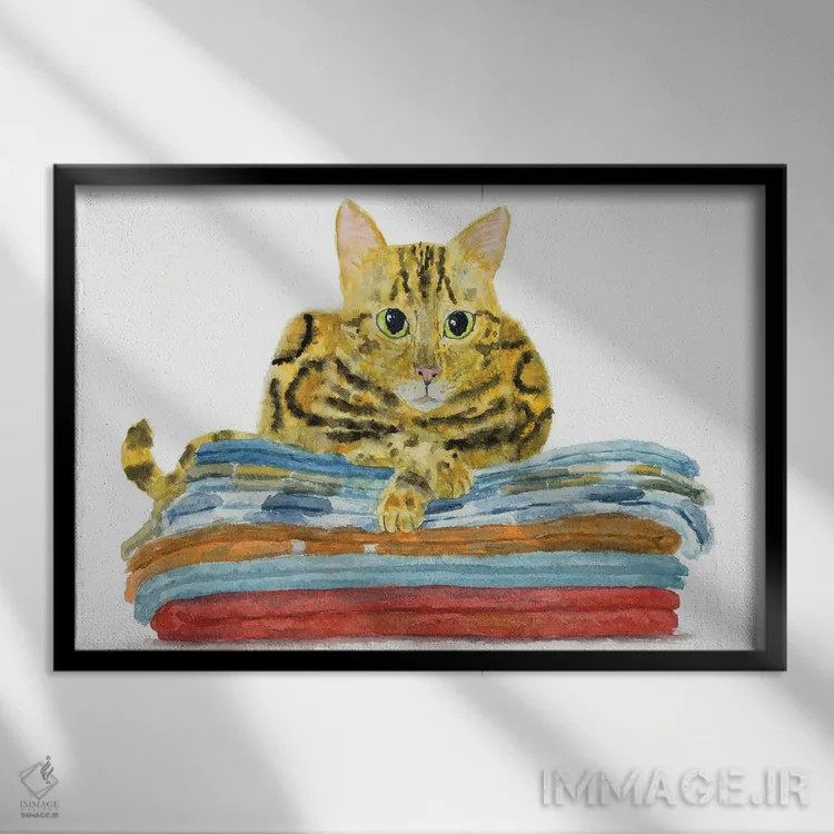 تابلو گربهی بنگال روی حولهها اثر آلکسی دیمیتریویچ شمیروف - نمای قابدار مشکی