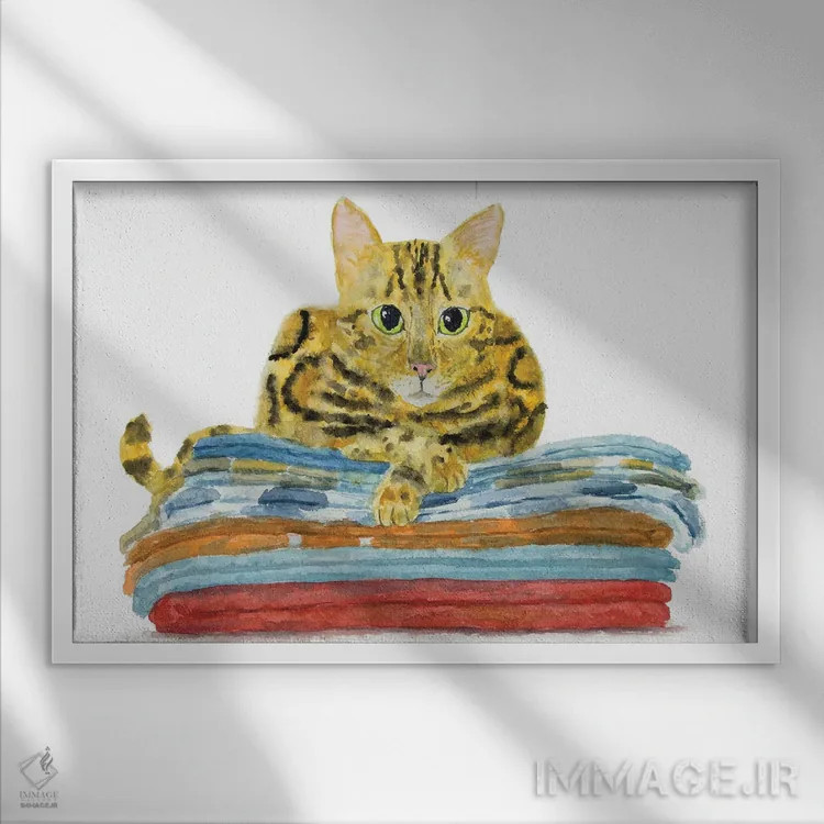 تابلو گربهی بنگال روی حولهها اثر آلکسی دیمیتریویچ شمیروف - نمای قابدار سفید