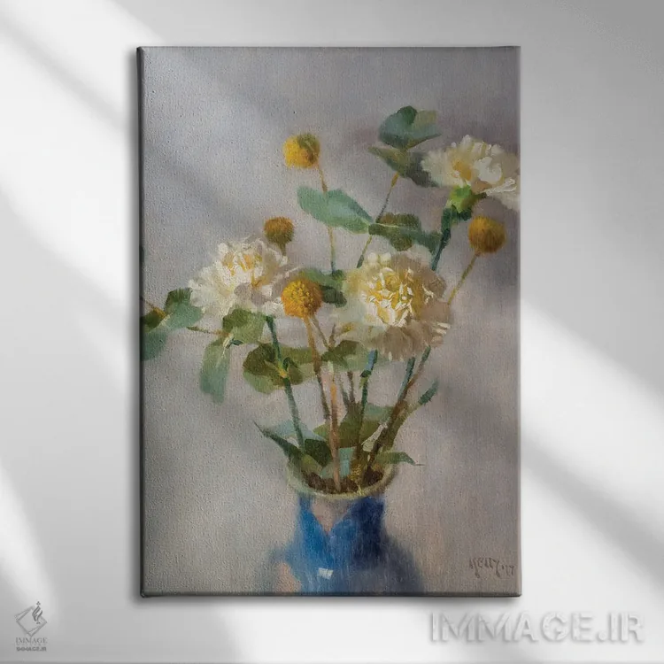 تابلو Craspedia And Eucalyptus,میخک، کراسپدیا و اکالیپتوس اثر الکس کلی - نمای روبهرو روی دیوار