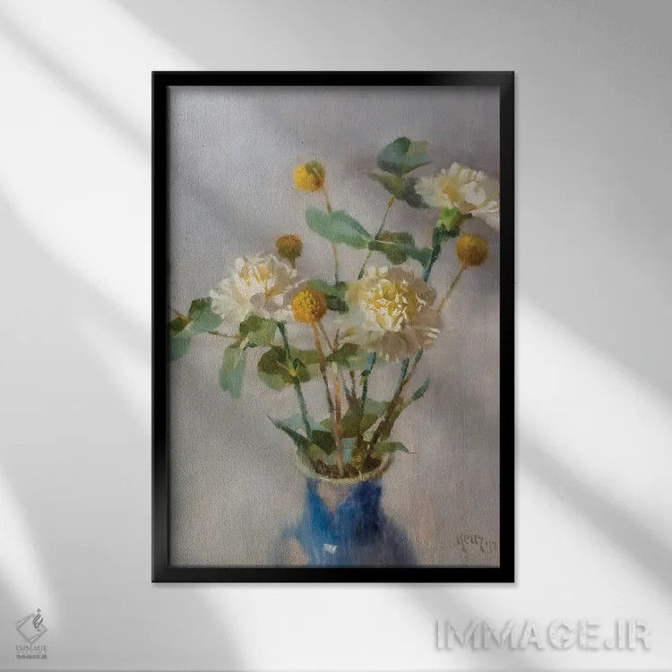 تابلو Craspedia And Eucalyptus,میخک، کراسپدیا و اکالیپتوس اثر الکس کلی - نمای قابدار مشکی