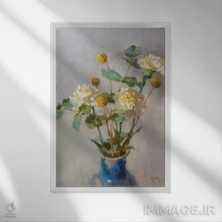 تابلو Craspedia And Eucalyptus,میخک، کراسپدیا و اکالیپتوس اثر الکس کلی - نمای قابدار سفید