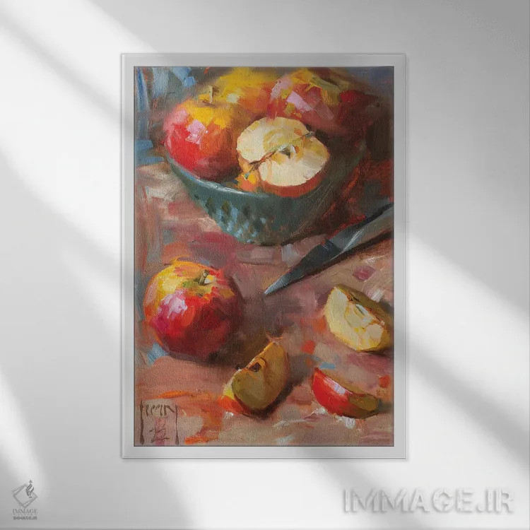 تابلو طبیعت بیجان سیبها اثر الکس کلی - نمای قابدار سفید