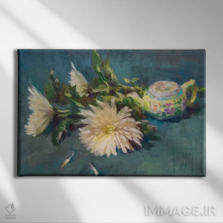 تابلو چای سبز و گل داوودی اثر الکس کلی - نمای روبهرو روی دیوار