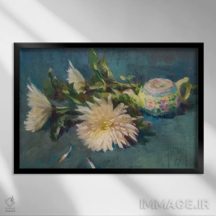 تابلو چای سبز و گل داوودی اثر الکس کلی - نمای قابدار مشکی