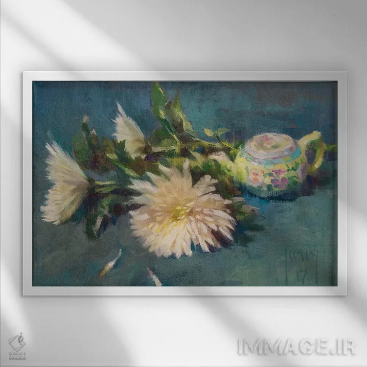 تابلو چای سبز و گل داوودی اثر الکس کلی - نمای قابدار سفید