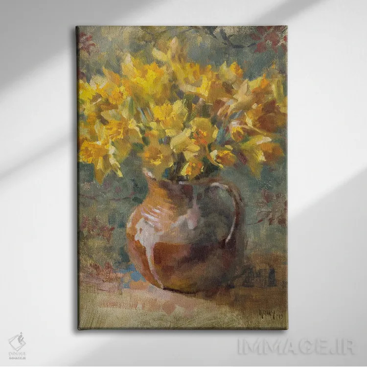 تابلو نرگسها در پارچ اثر الکس کلی - نمای روبهرو روی دیوار
