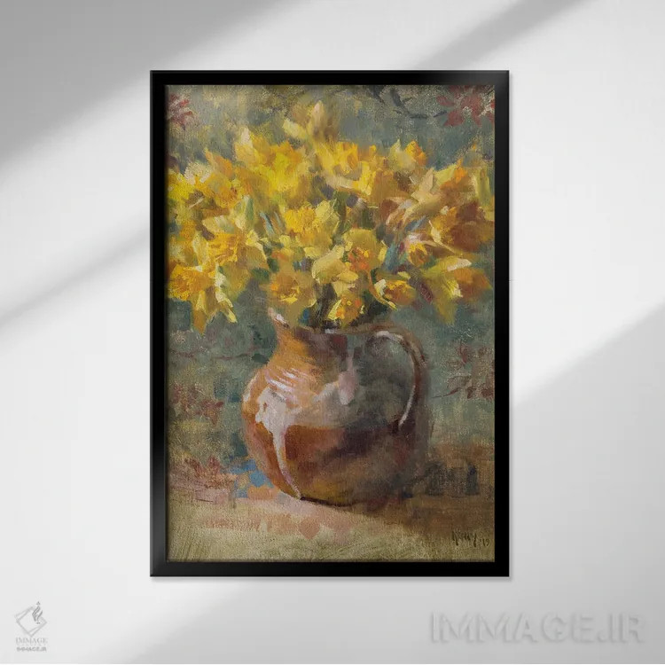 تابلو نرگسها در پارچ اثر الکس کلی - نمای قابدار مشکی
