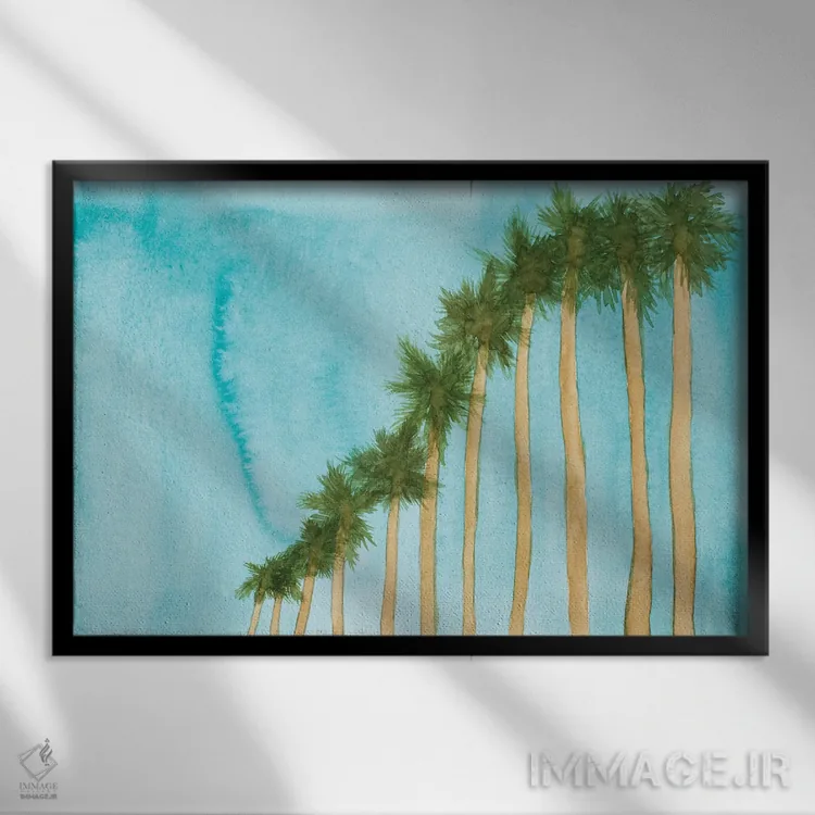 تابلو آسمان آبی و درختان نخل اثر آمایا - نمای قابدار مشکی