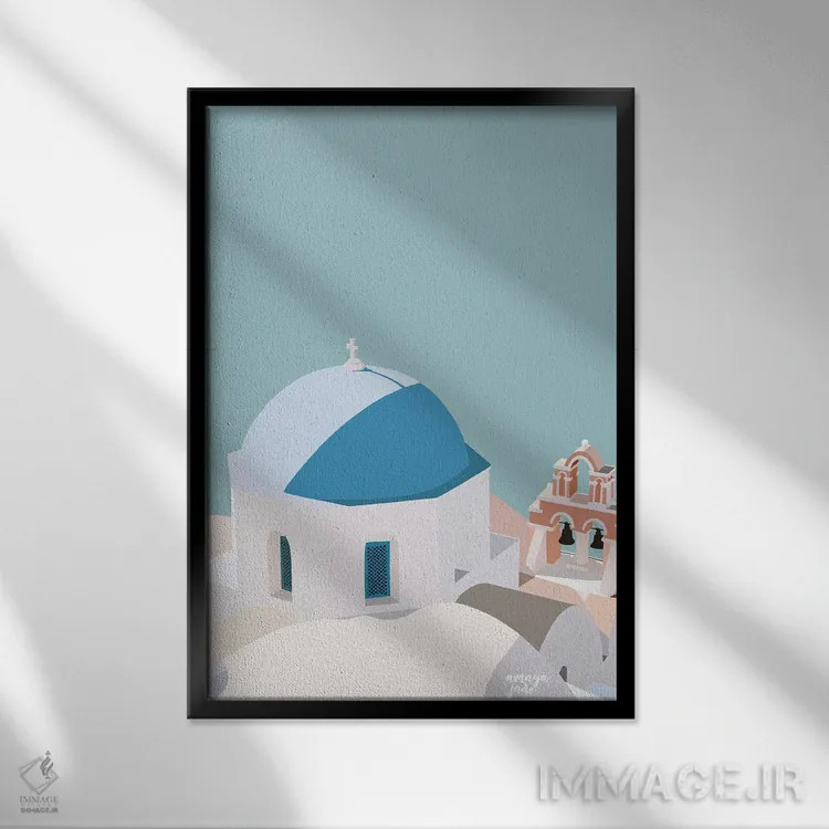 تابلو آبی سانتورینی اثر آمایا - نمای قابدار مشکی