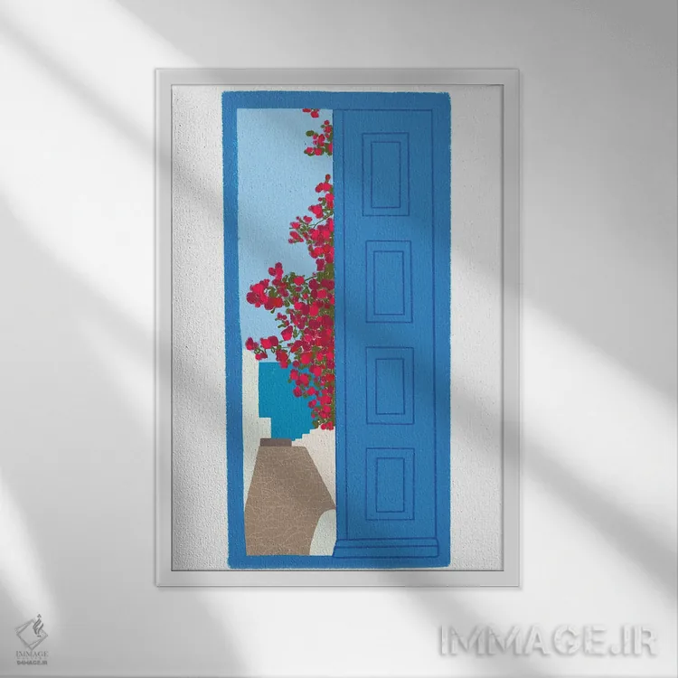 تابلو درِ آبی سانتورینی اثر آمایا - نمای قابدار سفید