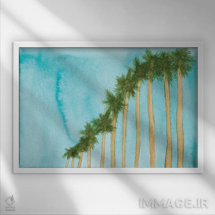 تابلو آسمان آبی و درختان نخل اثر آمایا - نمای قابدار سفید