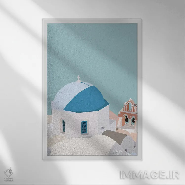 تابلو آبی سانتورینی اثر آمایا - نمای قابدار سفید