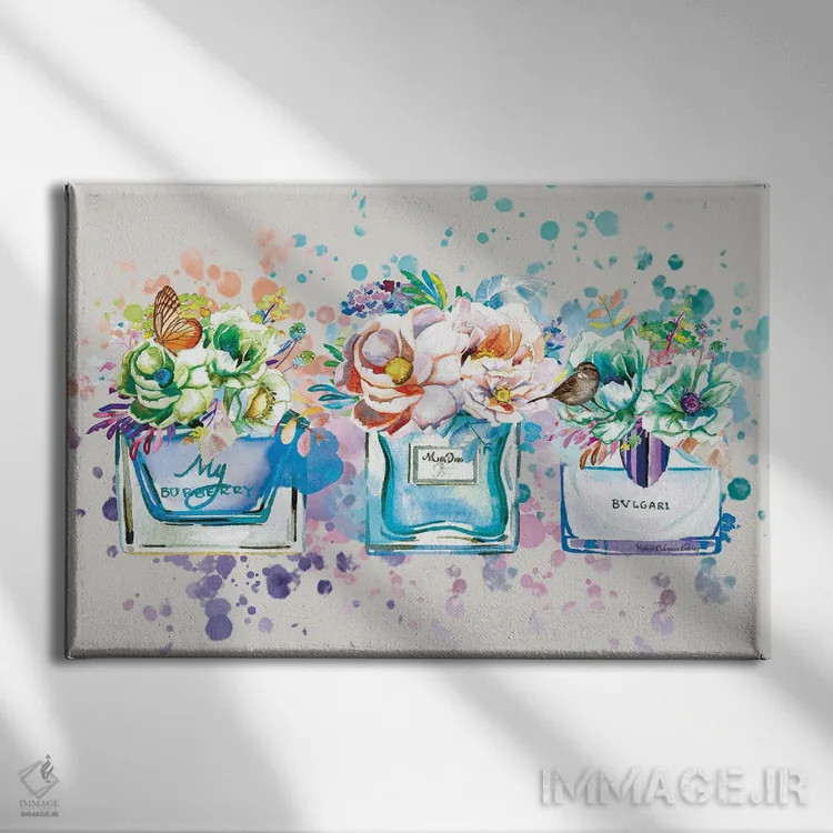 تابلو عطر، گلها و پروانههای آبی اثر هنرِ چونی - نمای روبهرو روی دیوار