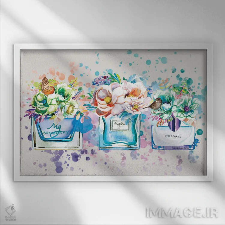 تابلو عطر، گلها و پروانههای آبی اثر هنرِ چونی - نمای قابدار سفید