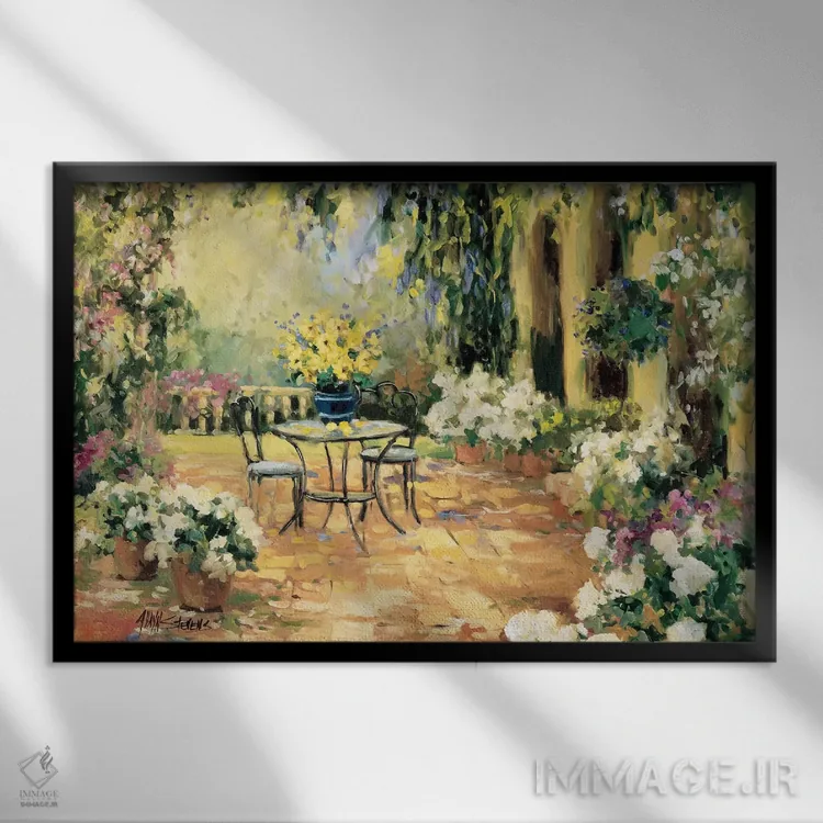 تابلو حیاط گلکاریشده اثر الین استیونز - نمای قابدار مشکی